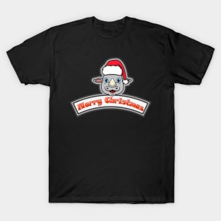 Sticker and Label Of  Rhino Character Design and Merry Christmas Text. T-Shirt